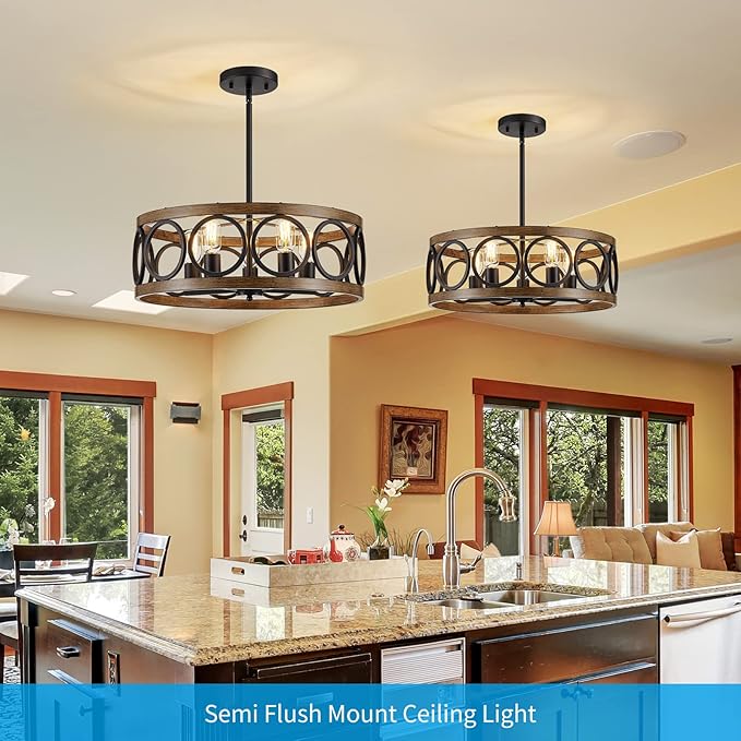 XINGQI 21.7'' Modern Chandelier, Farmhouse Drum Chandeliers for Dining Room Living Room Bedroom 5-Light Pendant Lighting Round Black Metal Antique Wood Grain Finish Adjustable-Ruum Studio Home