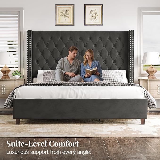PaPaJet King Size Bed Frame with 61.4" Tall Headboard, Velvet Modern Upholstered Tufted Bed for Adults, Handmade Deep Button Tufting, Solid Wood Legs, No Box Spring Required, Black-Ruum Studio Home