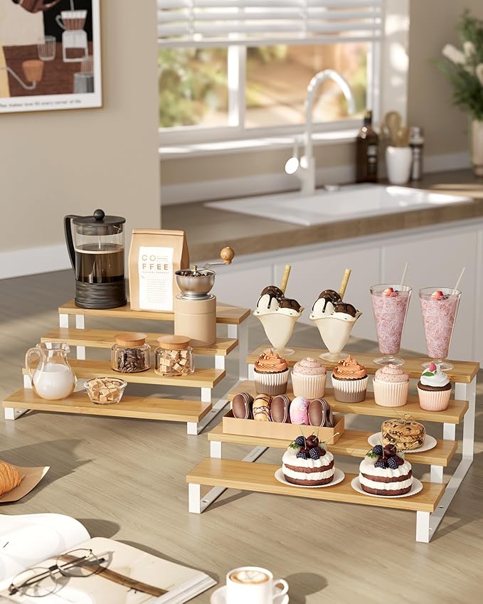 SONGMICS Display Risers, Set of 2 Engineered Wood Perfume Organizer Stand, 4-Tier Cupcake Stand Holder, Spice Rack, Shelf Risers for Figures, Dessert Shelves, Natural Beige and Cloud White UKCS216N02-Ruum Studio Home