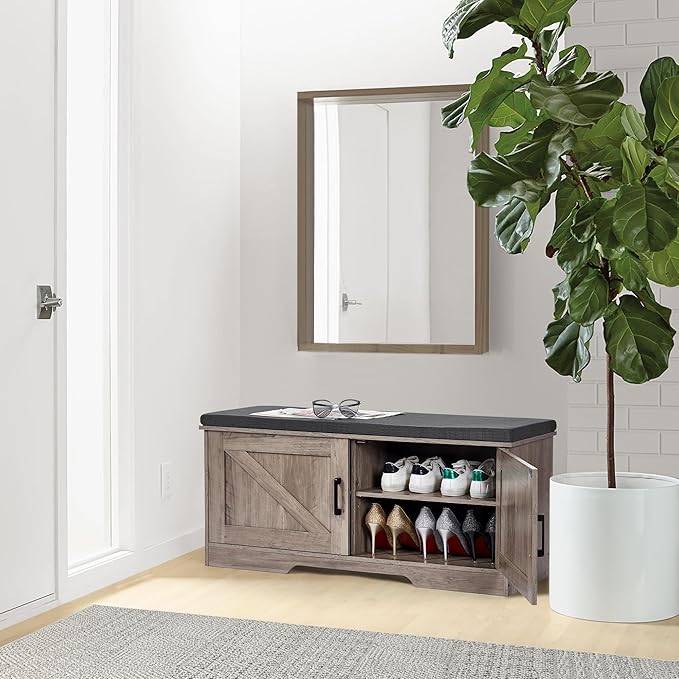 2-Tier Storage Bench, Shoe Bench with Padded Seat Cushion, Entryway Bench with 2 Barn Doors, Adjustable Shelf, 13.8" D x 39.4" W x 17.7" H, for Entryway, Living Room, Bedroom, Greige-Ruum Studio Home