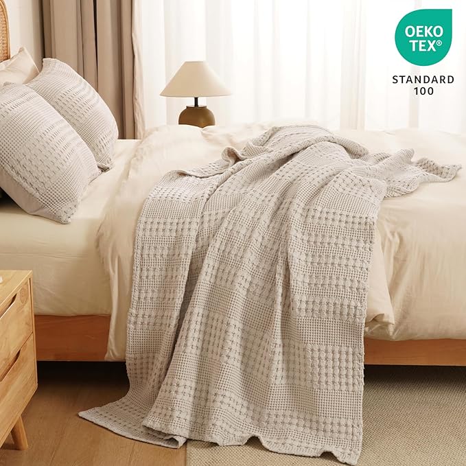 PHF 100% Cotton Waffle Weave Throw Blanket, Soft Lightweight Breathable Cozy Summer Throws for Couch Bed Sofa, Luxury Aesthetic Woven Blanket for Home Decor & Office, 50"x60", Oatmeal-Ruum Studio Home