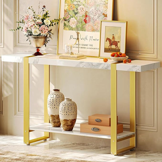 Huuger 47.2 Inch Entryway Table with Marble Top, 2-Tier Modern Console Sofa Table with Storage, Accent Table, for Entry, Hallway, Entrance, Foyer, T-Shaped Metal Frame, White Marble & Gold-Ruum Studio Home
