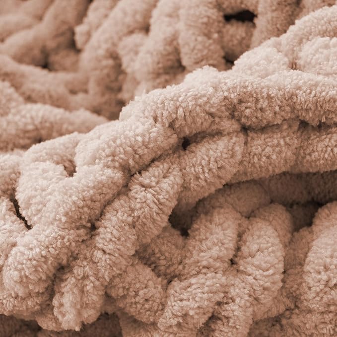 Battilo Chunky Knit Throw Blanket, Soft and Thick Chenille Throw Blanket, 50"x60" Handmade Cable Knit Crochet Blanket, Large Rope Knot Throw Blankets for Couch Sofa Bed Home Decor, Pink-Ruum Studio Home