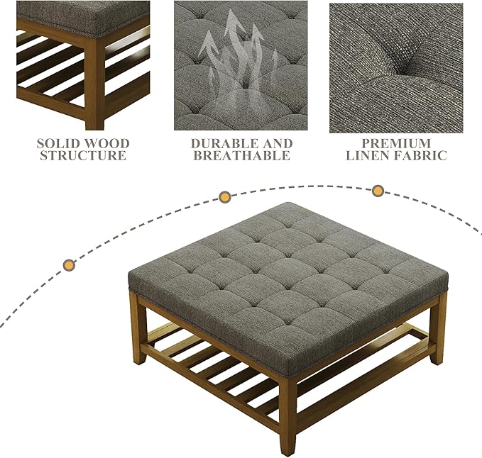 Large Square Ottoman Coffee Table, Linen Solid Upholstered Footrest Ottoman with Solid Wood Shelf Storage Tufted Coffee Table for Bedroom Living Room, Granite-Ruum Studio Home
