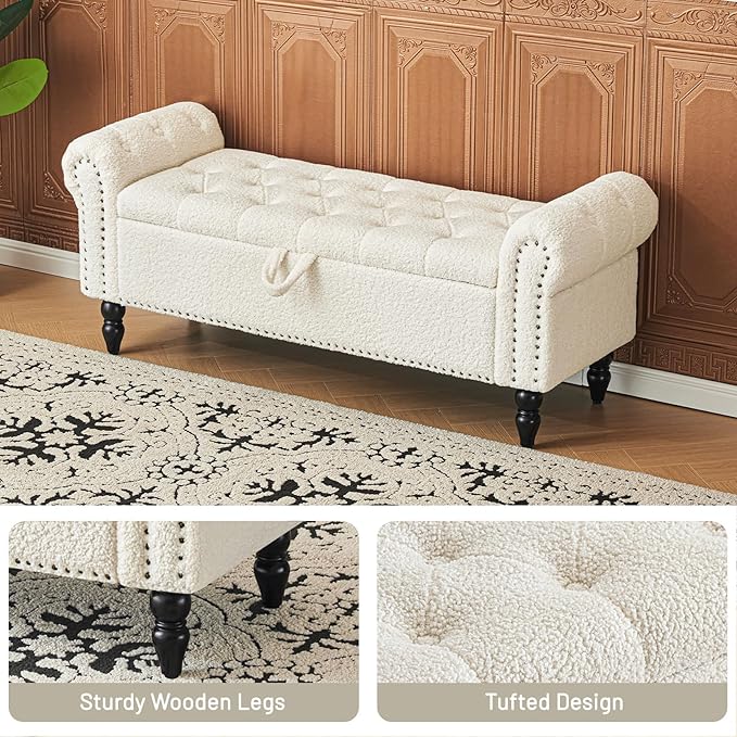 Furniliving Modern Storage Ottoman Bench, Sherpa Ottoman End of Bed Bench with Solid Wood Legs Upholstered Ottoman Benches with Storage Indoor Bench for Living Room with Rolled Arm, Entryway, White-Ruum Studio Home