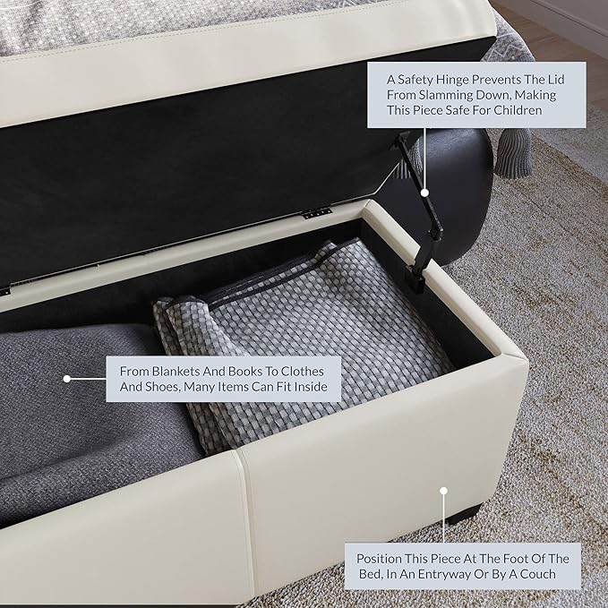 BELLEZE 47 Inch Storage Ottoman, Faux Leather Storage Bench Bedroom Bench with Safety Close Hinge, Ottoman with Storage for Living Room, Entryway, Hallway, Foot Rest, Support 300lbs - Cream-Ruum Studio Home