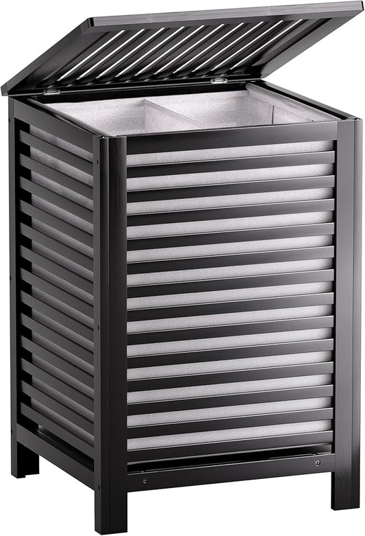 SMIBUY Double Laundry Hamper with Lid, 120L Bamboo Laundry Basket with Removable Liner Bag, 2-Section Clothes Divider Laundry Sorter for Laundry Room, Bathroom, Bedroom (Black)-Ruum Studio Home