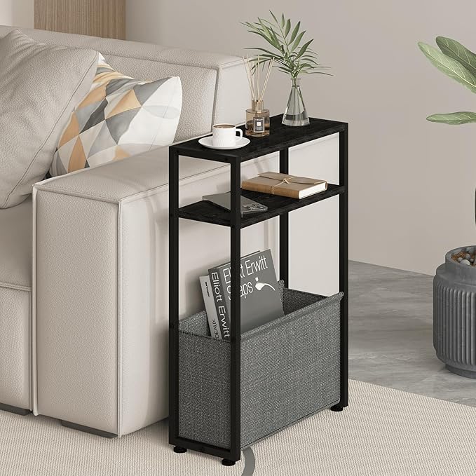 Narrow Side Table, Slim End Tables with Fabric Basket, Skinny Table for Small Spaces, Thin Bedside Table for Living Room, Bedroom (1, Ebony Black + Slate Gray)-Ruum Studio Home