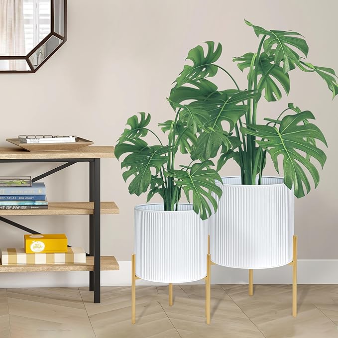 ARNIS Modern Plant Pots, Set of 2 Round Large Planters with Stand, Large Size Metal Pots with Drainage Holes for Living Room, Office, Garden or Balcony, 10.5 &12.25 Inch, White & Gold-Ruum Studio Home