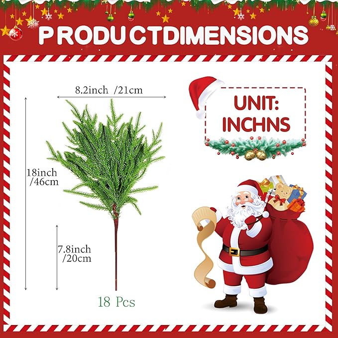 18Pcs Artificial Norfolk Pine Branches 18" Plastic Christmas Plants Decor Faux Greenery Stems Pine Picks Outdoor Faux Plants UV Resistant for Xmas Indoor, Front Porch Home Décor (18, 18inch)-Ruum Studio Home