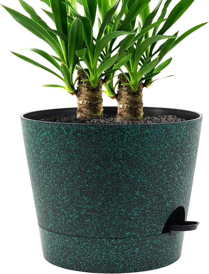 Self Watering Pots for Indoor Plants,12 inch Planters with Drainage Holes Plastic Flower Pots with Deep Reservoir, Black with Green Speckles-Ruum Studio Home