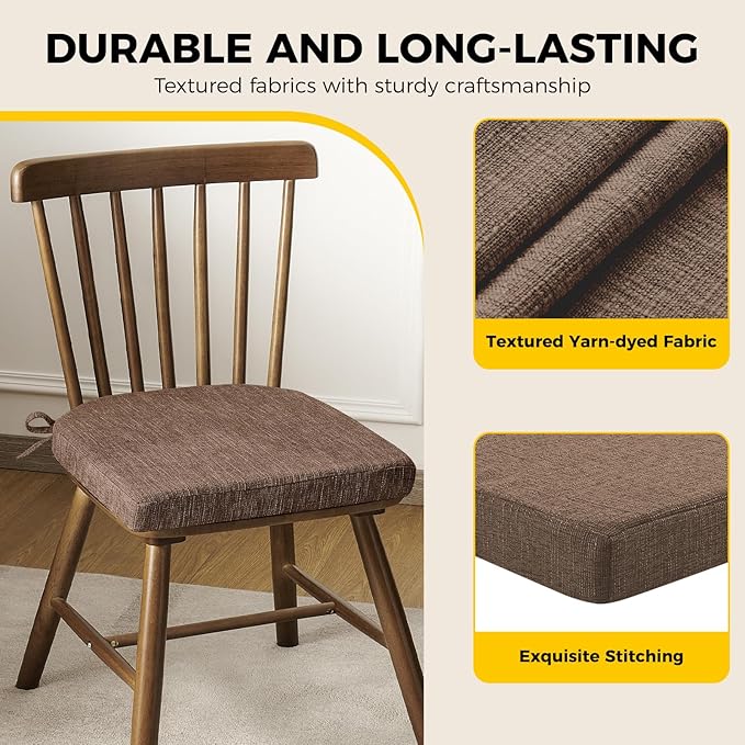 downluxe Indoor Chair Cushions for Dining Chairs, Soft and Comfortable Textured Foam Kitchen Chair Pads with Ties and Non-Slip Backing, 16" x 16" x 2", Brown, 6 Pack-Ruum Studio Home