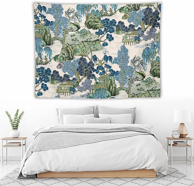 Chinoiserie Tapestry,Asian Watercolor Abstract Art Tapestry,Asian Japanese Wall Tapestry, Nature Landscape Tapestries for Bedroom Living Room Decor 80"x60"-Ruum Studio Home