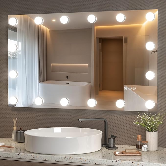 Hasipu LED Bathroom Mirror with Lights, 40" x 24" Hollywood Wall-Mounted Bathroom Mirror with 16 Dimmable Bulbs, 3 Colors Modes, Touch Control, Anti-Fog, Memory Function, Shatter-Proof, ETL Listed-Ruum Studio Home