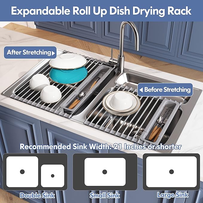 Over The Sink Dish Drying Rack for Kitchen, Expandable (12.8"-23.8" D x 15.5" W) Roll Up Dish Drainer with The Function of Fordable, Rust Proof, Large Sink Cover with Removable Utensil Holder-Ruum Studio Home