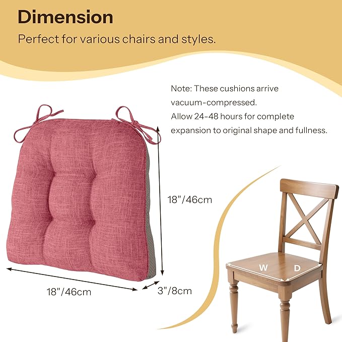 Non Slip Chair Cushions for Dining Chairs Set of 4 Kitchen Chair Cushions 18"x18"x3" Turfted Chair Pads Comfortable and Soft Seat Cushion with Ties (Pink)-Ruum Studio Home