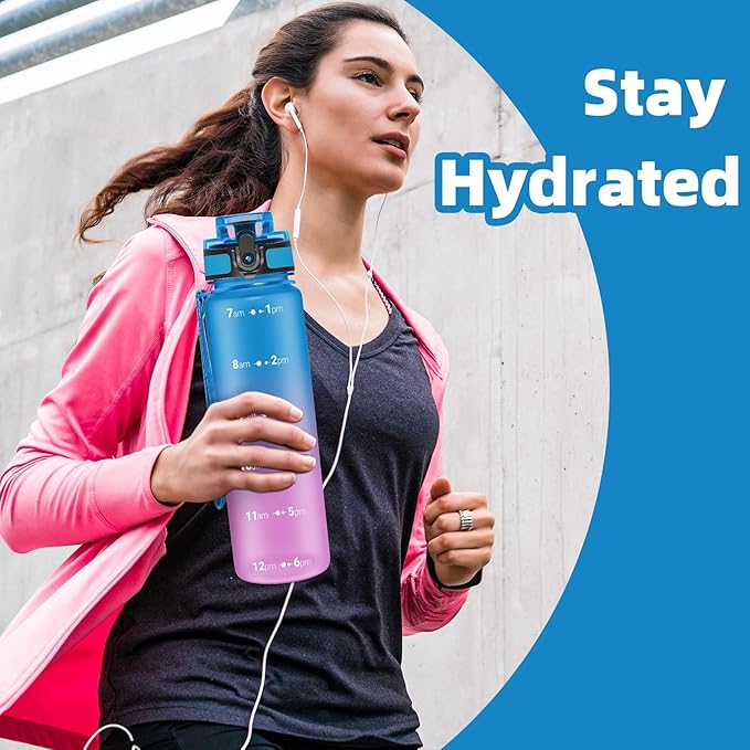 OLDLEY 32 oz Water Bottle, Motivational Water Bottle with Time Marker, Sports Water Bottle With Strap, Leakproof & BPA Free Large Water Bottles for School, Gym, Travel, Outdoor, Tritan,Blue&Purple-Ruum Studio Home