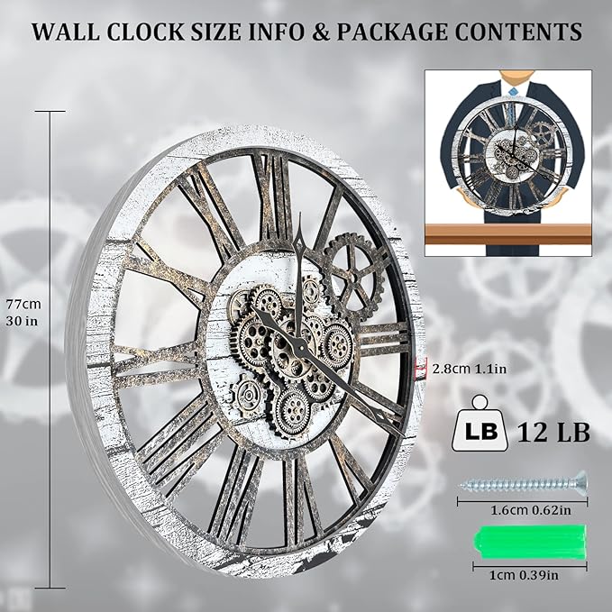 HOIBAI Large Wall Clock Clocks for Living Room Decor Oversized 30 Inch Wall Decor Farmhouse Vintage Rustic Industrial Roman Big Chic Home Decor Wall Clock for House Bedroom, Moving Gears Clock-Ruum Studio Home