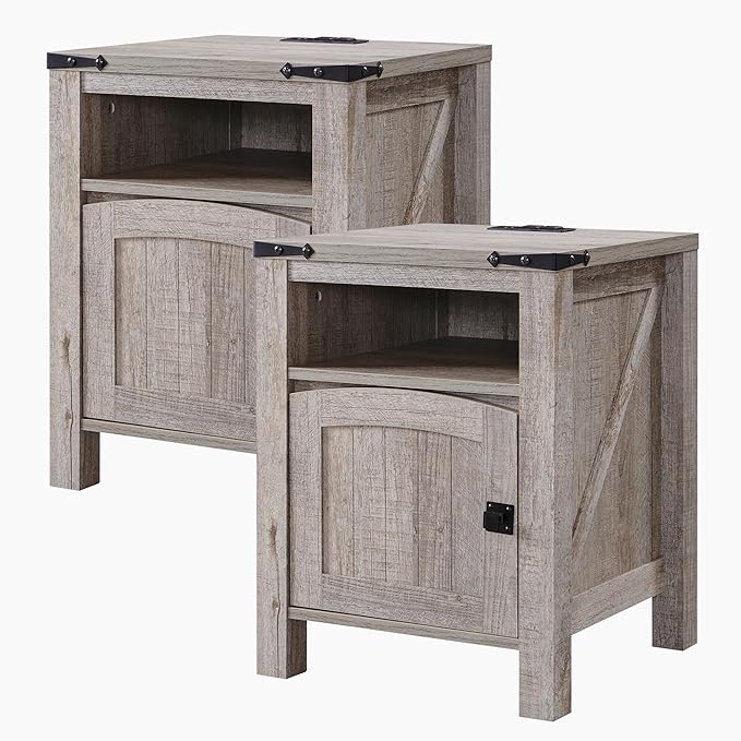 OKD Nightstand with Charging Station Set of 2, 18 Inchs Farmhouse End Table with Adjustable Storage Shelf, Rustic Wood Sofa Side Table for Bedroom-Ruum Studio Home