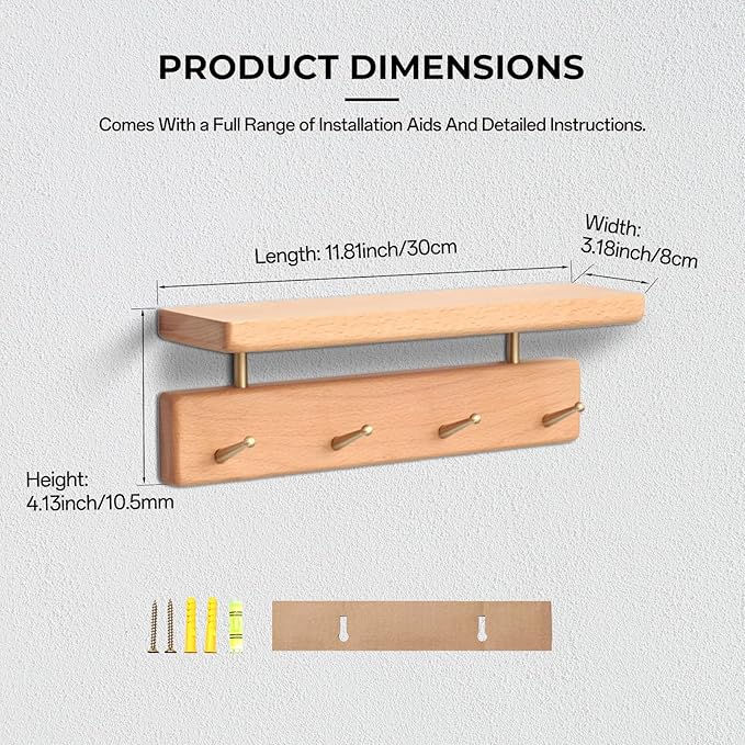 Shelf with Hooks, Solid Wood Bedroom Shelves for Wall, Wooden Coat Rack Wall Mount for Bathroom, Kitchen, Door Entryway (Beech, 30cm/11.81inch)-Ruum Studio Home