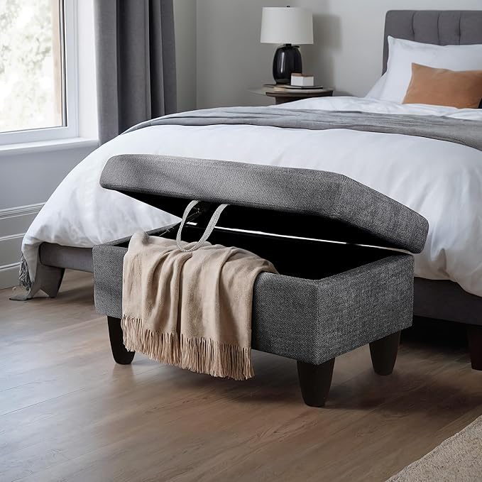Ottoman Rectangular Storage Ottoman Bench, Flannel Footrest Stool Footstool with Lid for Living Room, Bedroom, Entryway, Black Gray, 28.5"x19"x17.5"-Ruum Studio Home
