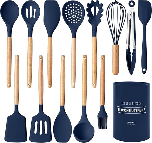 Country Kitchen Non Stick Silicone Utensil Set with Rounded Wood Handles for Cooking and Baking, 14 Piece Set, Navy-Ruum Studio Home