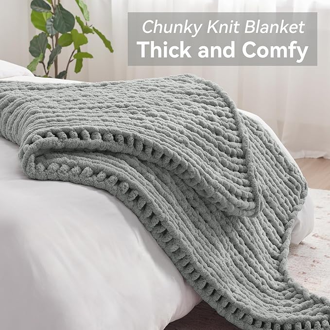 Chunky Knit Throw Blanket, 60''*80'' Knitted Throw Chenille Yarn for Bed Couch, Handmade Light Grey Crochet Big Thick Blanket, Machine Washable Cute Comfy Blanket for Home Decor-Ruum Studio Home