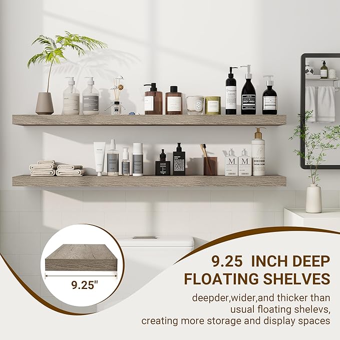 48 Inch Floating Shelves, 3D Textured Wood Grain, 48"x9.25"x1.5" Inch Deep Floating Shelves for Wall, Wooden Shelves for Bathroom, Bedroom, Living Room, Vintage Gray Oak-Ruum Studio Home