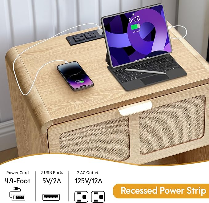 LEVNARY Nightstand with Charging Station, Mid-Century Modern Bedside Table with Curved Top Corners and Fabric-Like Textured Drawer, Wooden End Table for Farmhouse Bedroom Living Room (1, Natural)-Ruum Studio Home