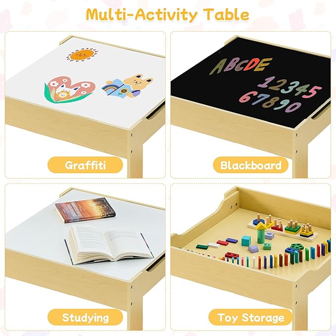 Kids Table and Chair Set, 3 in 1 Wooden Activity Table with Detachable Tabletop, Toddler Table and Chair Set with Storage Drawer, Kids Play Table for Children Art, Craft, Eating, Learning-Ruum Studio Home