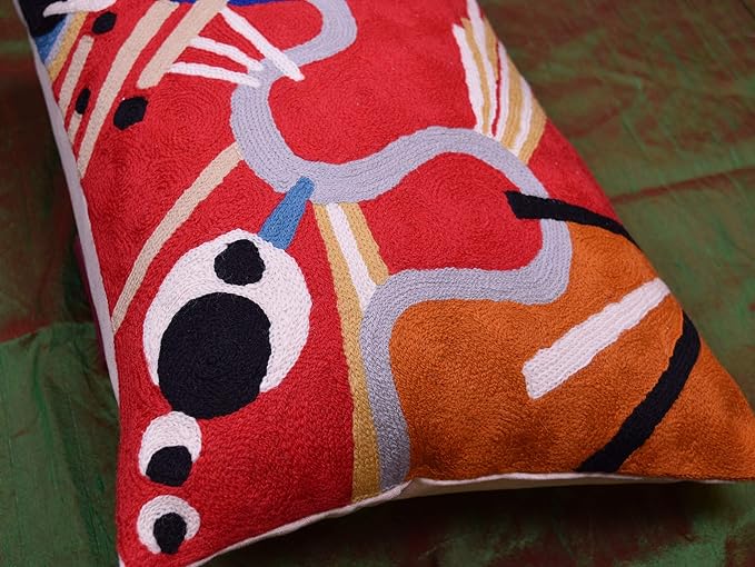 Lumbar Kandinsky Red Modern Throw Pillow Cover in Flow | Red Abstract Pillowcase | Modern Couch Pillow Contemporary | Outdoor Pillow | Mid Century Chair Cushions | Hand Embroidered Wool Size 14x20-Ruum Studio Home