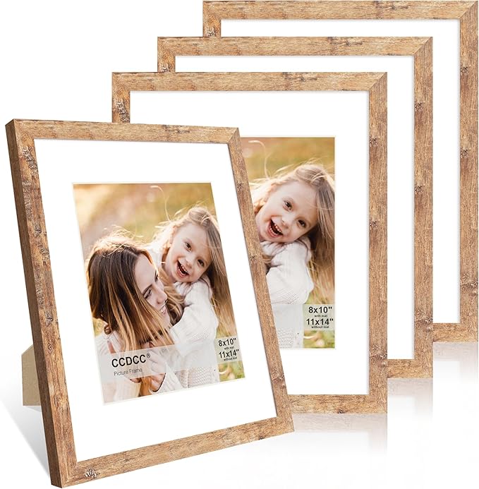 11x14 Picture Frame Set of 4, 11 x 14 Wood Photo Frames with Mat for 8x10, Natural Wooden Frame with Real Glass Cover for Wall and Tabletop Display,Brown-Ruum Studio Home