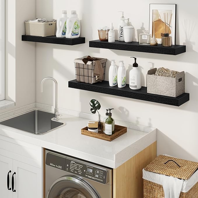 fuqing Floating Shelves for Wall, Bathroom Shelf Wall Mounted for Storage, Shelves with Invisible Bracket for Bedroom, Kitchen, Living Room, Farmhouse Small Book Shelf, 16 Inch Set of 2, Black-Ruum Studio Home