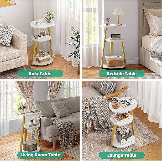 Side Table, Small End Table with Metal Frame, 3-Tier Bedside Tables, Round Side Tables for Living Room Bedroom Couch Bathroom, Oval, White-Ruum Studio Home