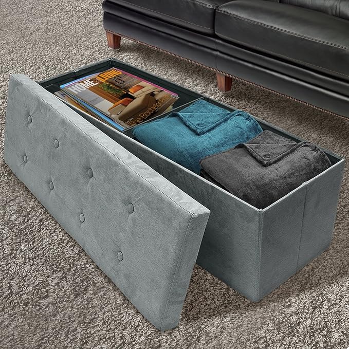 Sorbus Storage Ottoman Bench – Collapsible/Folding Bench Chest with Cover – Perfect Toy and Shoe Chest, Hope Chest, Pouffe Ottoman, Seat, Foot Rest, – Contemporary Faux Suede (Gray)-Ruum Studio Home