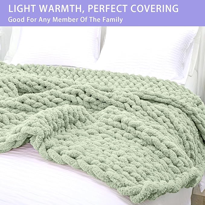 Bigacogo Chunky Knit Throw Blanket for Couch, 51x63 inches, 100% Hand Knitted with Thick Jumbo Chenille Yarn, Cozy Soft Large Rope Knot Cable Crochet Blankets for Sofa Bed Living Room, Sage Green-Ruum Studio Home
