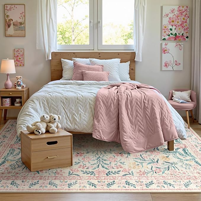 Wonnitar Washable Area Rug 6x9, Pink Floral Rugs for Bedroom Girls Soft Living Room Carpet Ultra-Thin, Boho Non Slip Non-Shedding Pastel Nursery Carpet for Kids Room Playroom Dorm-Ruum Studio Home
