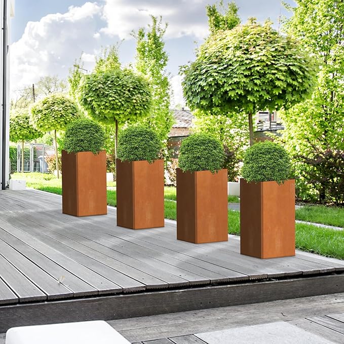 Modern Cor Ten Steel Planter – 28” Tall Planters with Removable Insert Shelf | Heavy-Duty Rust-Resistant Metal Planter Box for Patio, Porch & Garden (14x14x28in)-Ruum Studio Home