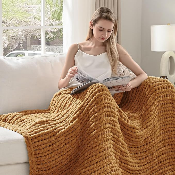 Esterra Chunky Knit Throw Blanket Newly Upgraded Heavy Tighter Version, Handmade Chenille Throw Super Soft, Thick Yarn Cable Knit Crochet Throw Blanket for Couch Bed Sofa (50"x60" Mustard Yellow)-Ruum Studio Home