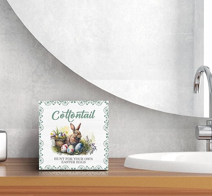 SRADMO Easter Wooden Block Decorative Sign, 5x5 inches, Wood, Tabletop Mount, Multicolor, Easter Theme, Rustic Style, Pre-Printed Text: Cottontail-Ruum Studio Home