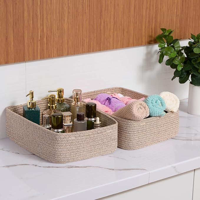 Large Shallow Organizing Baskets 15x11x5.1 Inches - Rope Woven Storage Bins for Bathroom, Shelves, Cube Closet, Mixed Brown 2 Packs-Ruum Studio Home