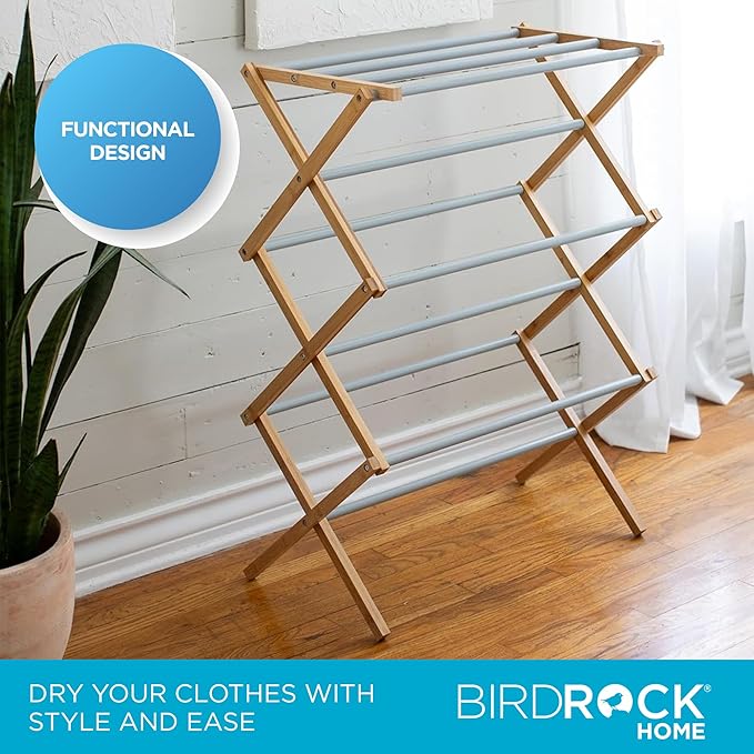 BirdRock Home Wooden Clothes Drying Rack | 3-Tier Foldable Bamboo Laundry Stand | Water-Resistant, Fully Assembled, Collapsible Indoor/Outdoor Dryer for Hanging Clothes | Grey-Ruum Studio Home