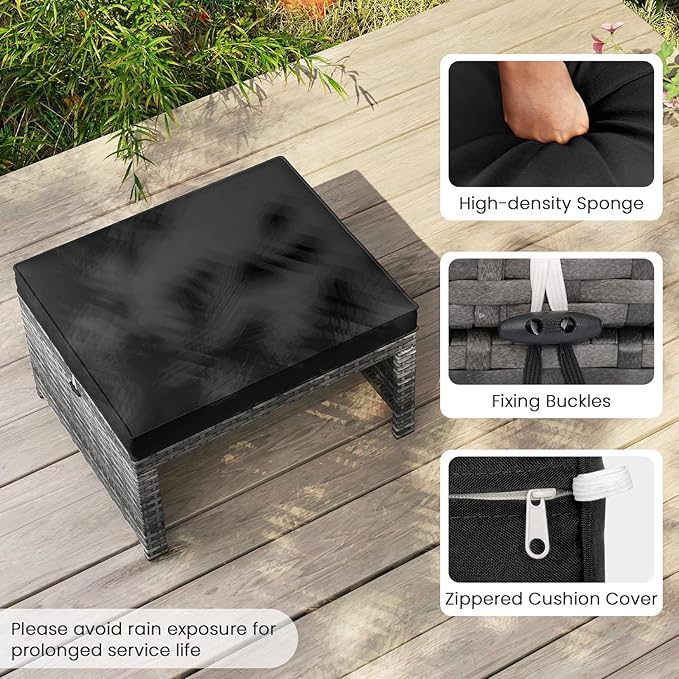Tangkula 2 Pieces Patio PE Rattan Ottomans, Multipurpose Outdoor Footstool Footrest Additional Seating Side Table with Soft Zippered Cushions for Deck, Garden, and Yard (Black)-Ruum Studio Home