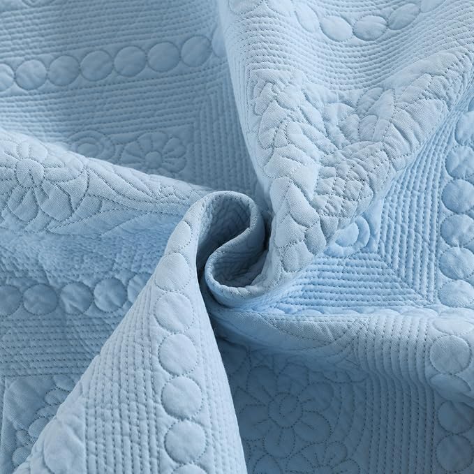 MarCielo 3-Piece 100% Cotton Oversized Bedspread Lightweight Quilt Coverlet Embroidery Farmhouse Bedding Set (TK Light Blue, Oversized King (118"x106"))-Ruum Studio Home