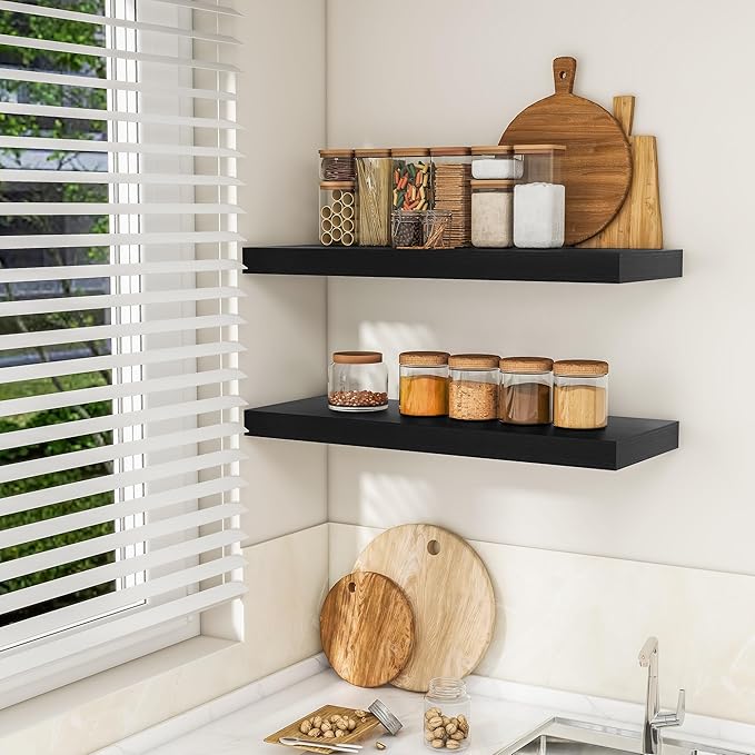 RICHFOCUS 36Inch Floating Shelves for Wall 2 Pack Shelves for Bedroom|Kitchen|Bathroom Wall Mounted Rustic Wood Floating Shelf with Invisible Brackets for Books|Storage|Decor, Black-Ruum Studio Home