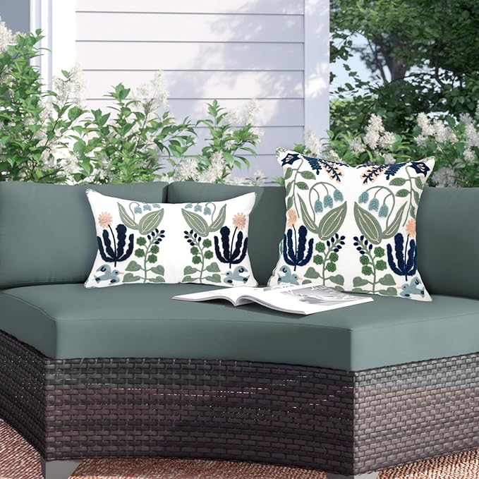 Alysheer Floral Embroidered Summer Lumbar Decorative Throw Pillow Cover 12"x 20", Farmhouse Cottage Navy Blue Green Flowers Leaves Patterned Cotton Canvas Cushion Case for Sofa Couch Bed Living Room-Ruum Studio Home