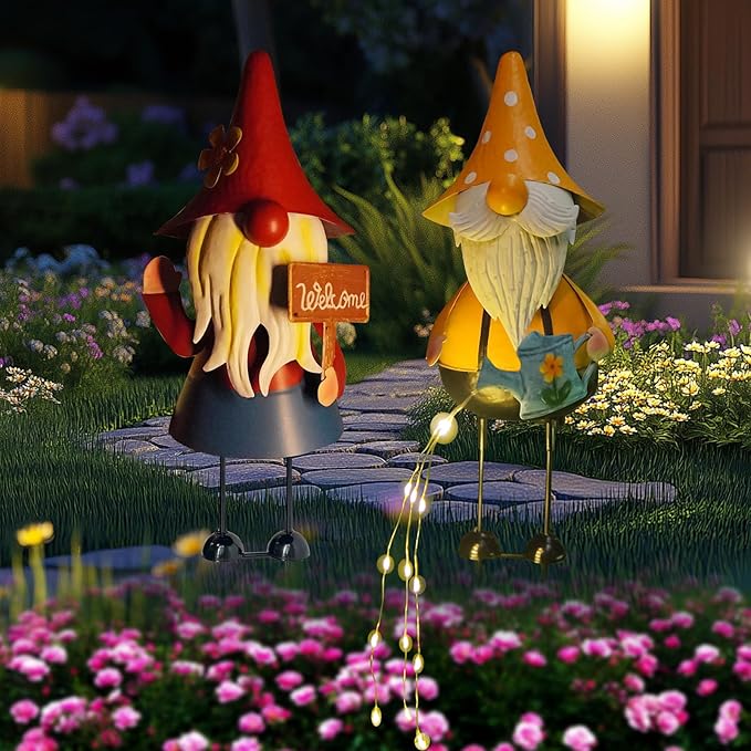 HONGLAND Metal Gnome Yard Art -18 Inch Garden Gnomes Statues Outdoor Decor with Watering Can Solar Lights -3D Outdoor Figurines for Patio Yard Lawn Porch Ornament Gardening Gifts-Ruum Studio Home