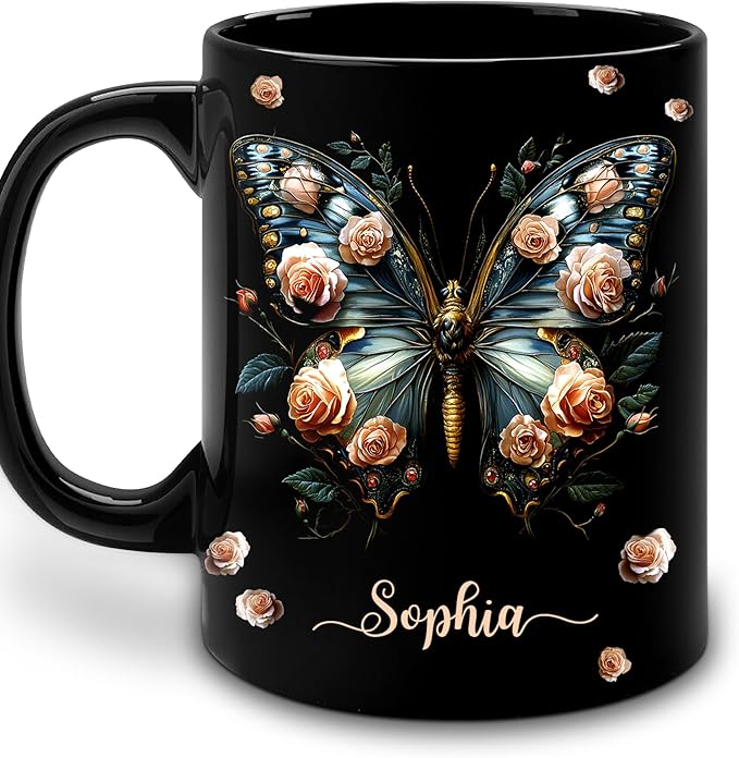 Hyturtle Personalized Butterfly 2D Print Mug - Butterfly Gifts For Women Lovers - Animal Gift For Bird Lover Her - Bird Gifts For Mom on Mother Day - Custom Name Coffee Cup Ceramic Mug 11 Oz 15 Oz-Ruum Studio Home