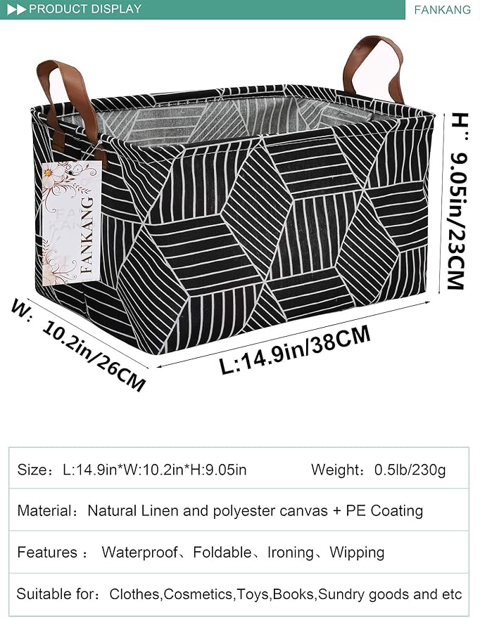 FANKANG Storage Basket,Nursery Hamper Canvas Laundry Basket Foldable with Waterproof PE Coating Storage, Office, Bedroom, Clothes,Toys (Rec-Black Cube)-Ruum Studio Home