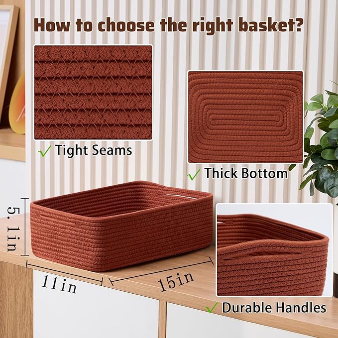 Large Shallow Organizing Baskets 15x11x5.1 Inches - Rope Woven Storage Bins for Bathroom, Shelves, Cube Closet, Red 2 Packs-Ruum Studio Home